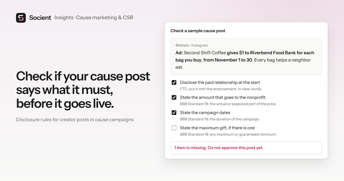 Check if your cause post says what it must, before it goes live.